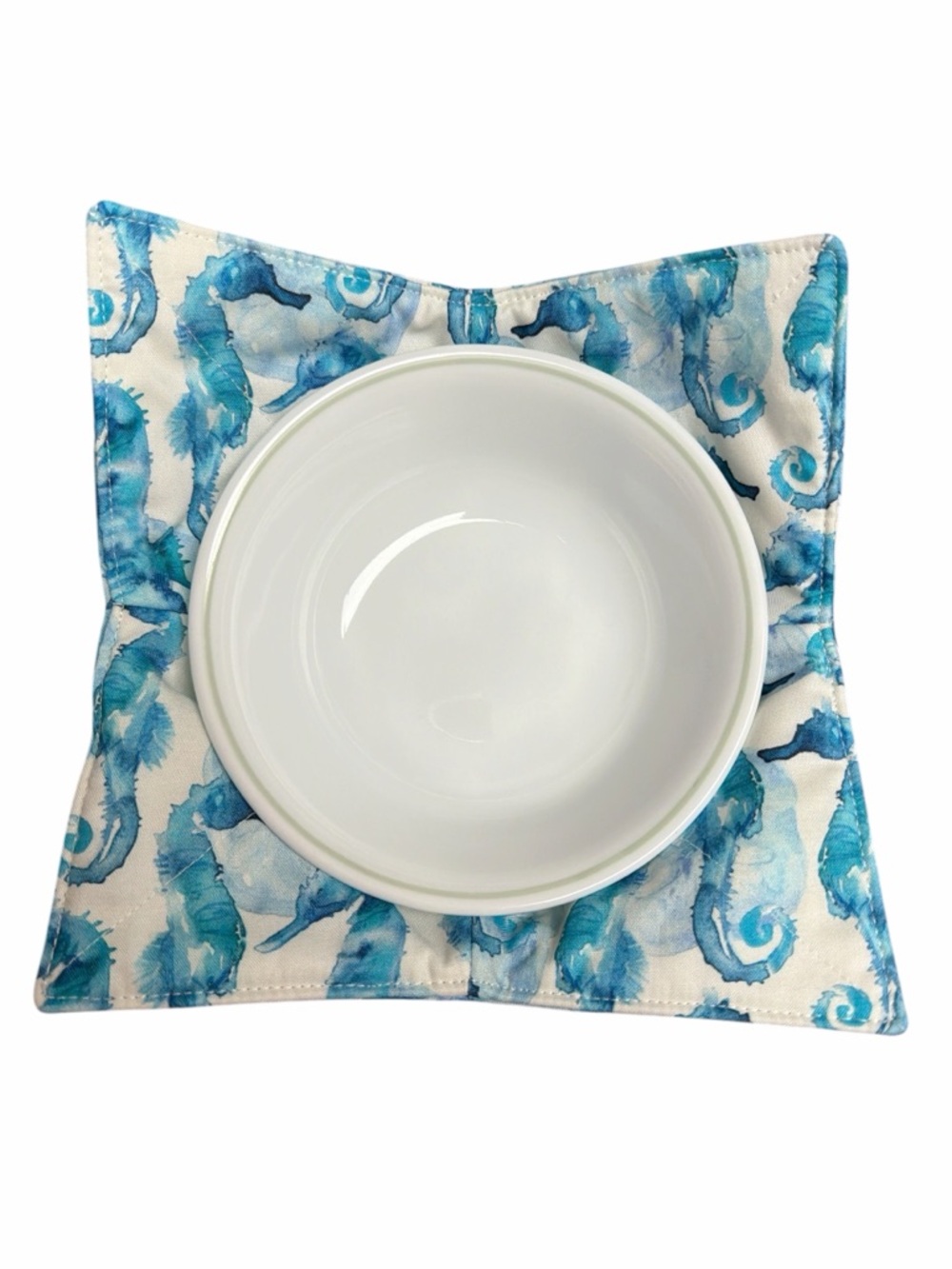 Hand Crafted Bowl Cozy Bowl Holder Microwavable Cotton Padded Blue Seahorse - Picture 4 of 11